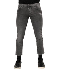 Gray Cotton Logo Plaque Men Denim Jeans Elastane Clothing