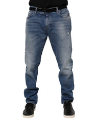 Men's Blue Washed Cotton Logo Plaque Denim Jeans Elastane Clothing
