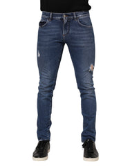 Blue Cotton Logo Plaque Skinny Men Denim Jeans Elastane Clothing