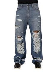 Men's Blue Tattered Cotton Logo Plaque Denim Jeans Elastane Clothing