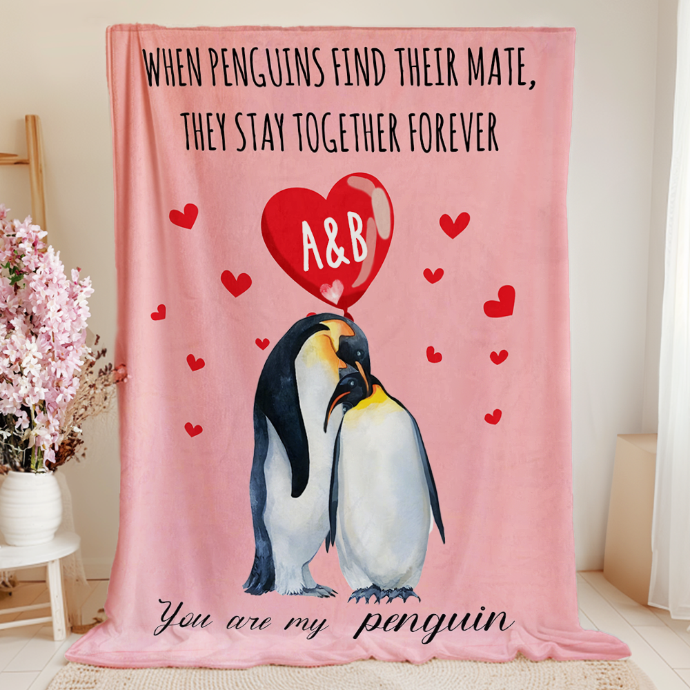 Personalizado You Are My Penguin Heart Globo Manta Suave con Iniciales Decoración de Hogar Cumpleaños San Valentín Regalo de Aniversario para Pareja
