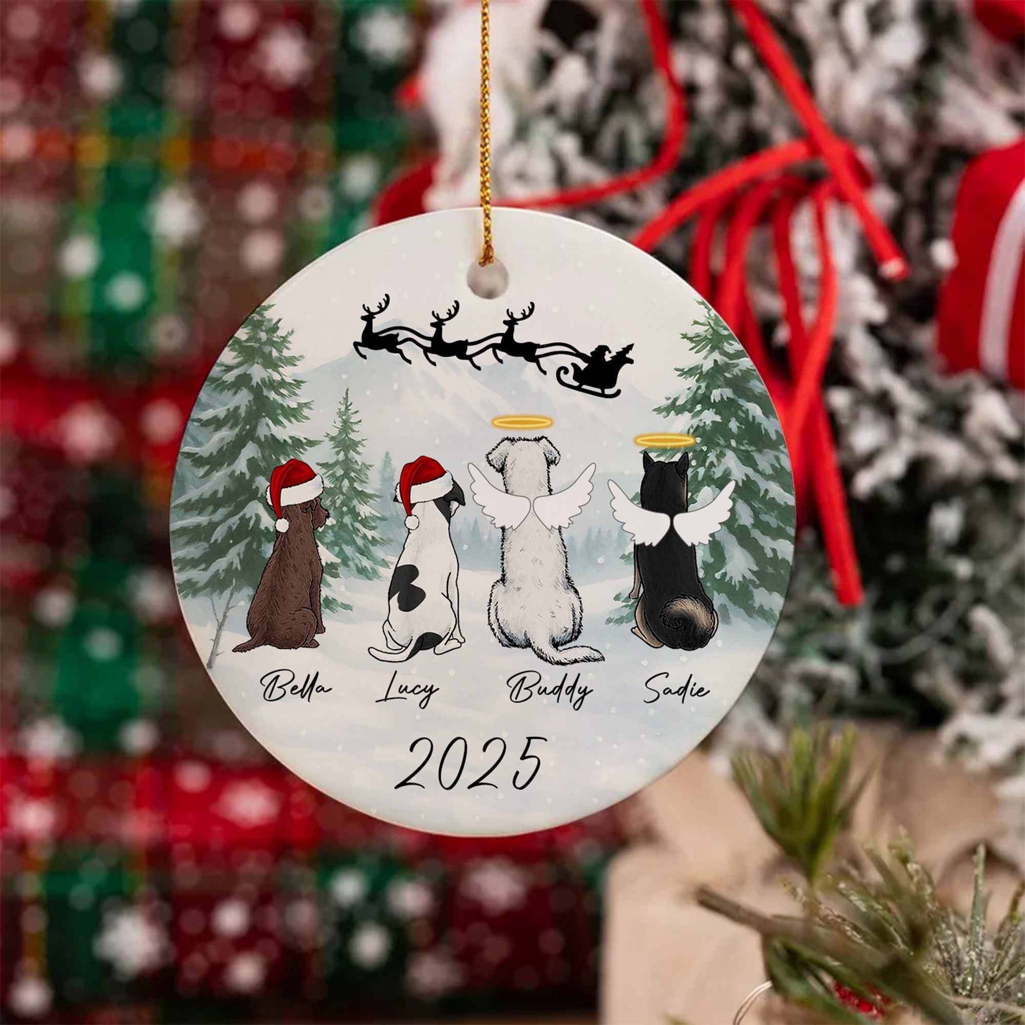 Adorno de cerámica personalizado de doble cara Reno de nieve de invierno 1-4 perros con nombre y año Decoración del hogar Regalo de Navidad conmemorativo para dueños de mascotas