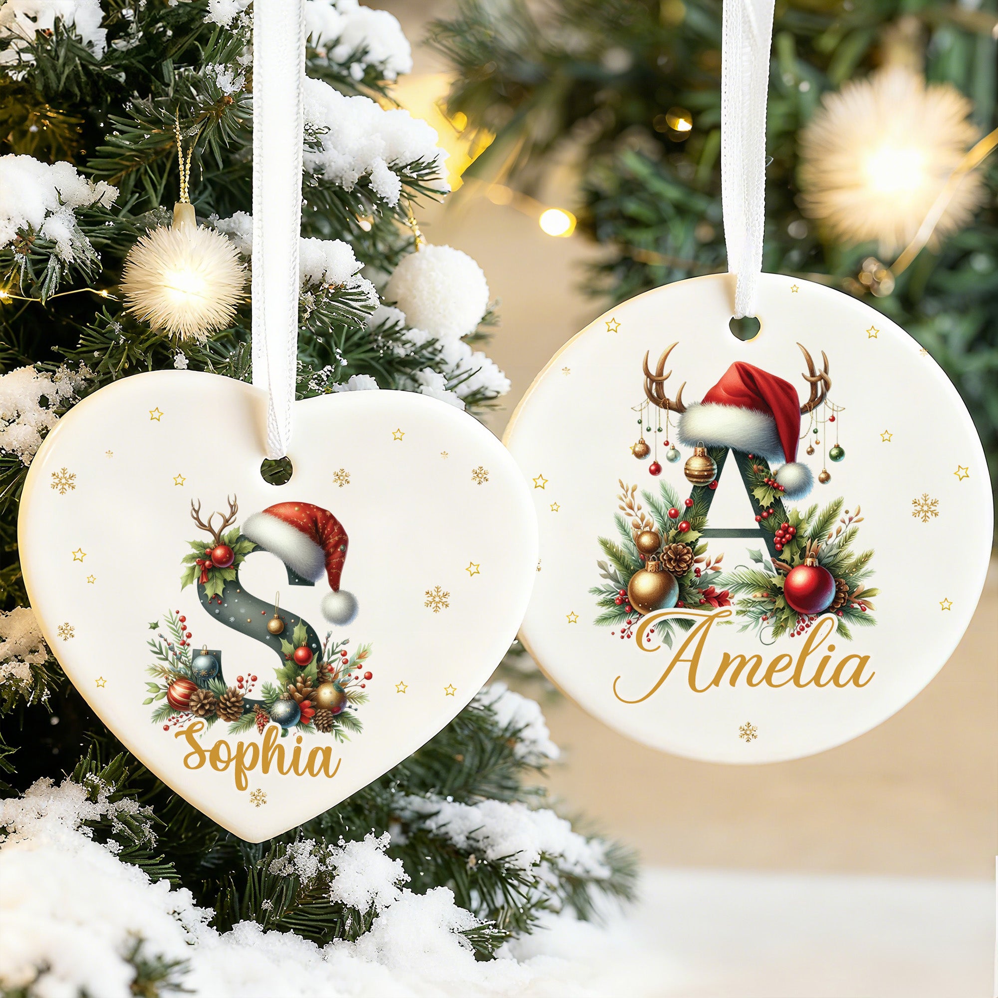 Personalizado lindo reno Santa sombrero inicial de cerámica ornamento de Navidad con el nombre de Navidad Decoración Regalo para amigos de la familia