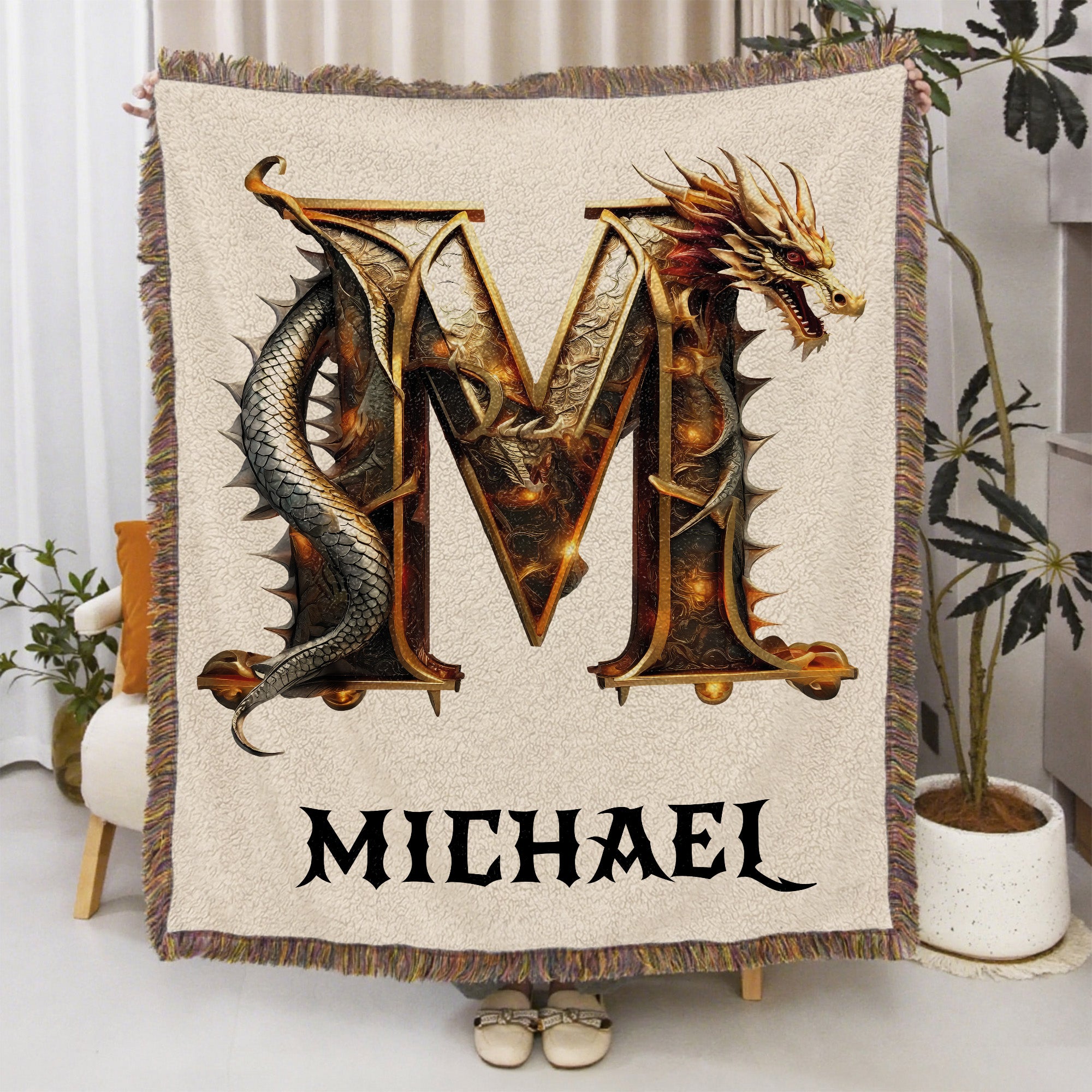 Manta de borla suave con inicial de dragón personalizada con nombre Decoración para el hogar Regalo de cumpleaños para los amantes del dragón