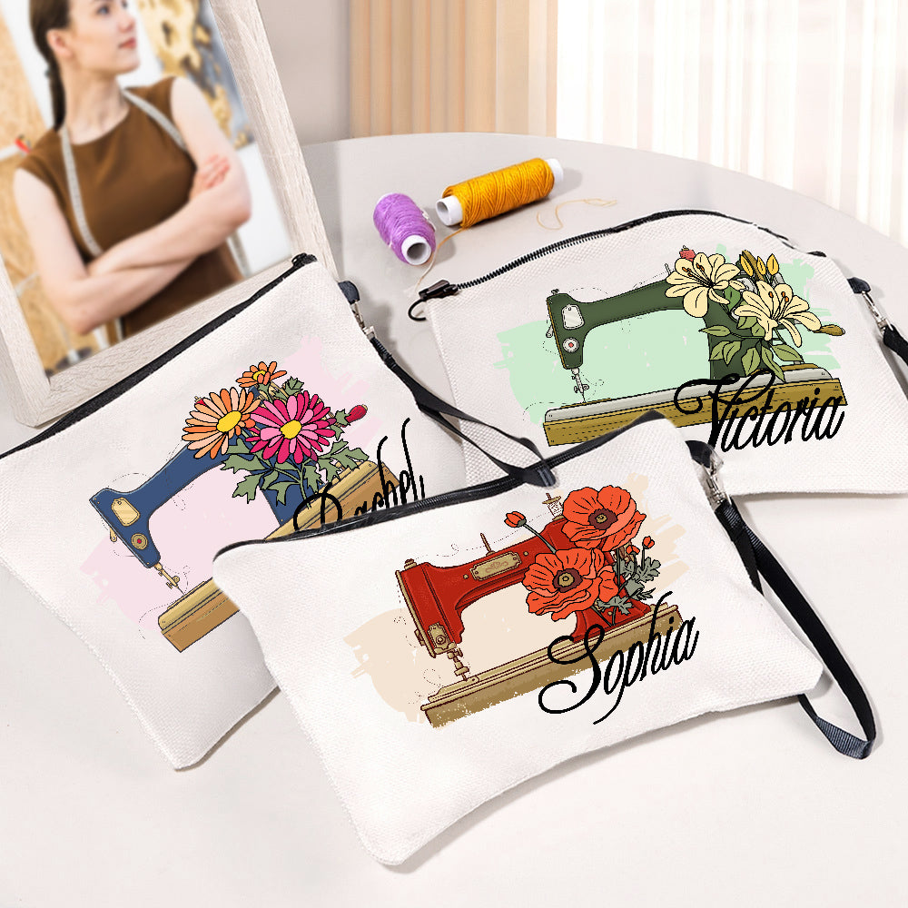 Personalizado Vintage Nacimiento Flor Máquina de Coser Bolsa de Maquillaje Portátil con Nombre y Correa de Muñeca Regalo de Cumpleaños para Mujeres Costura Artesanía Amantes
