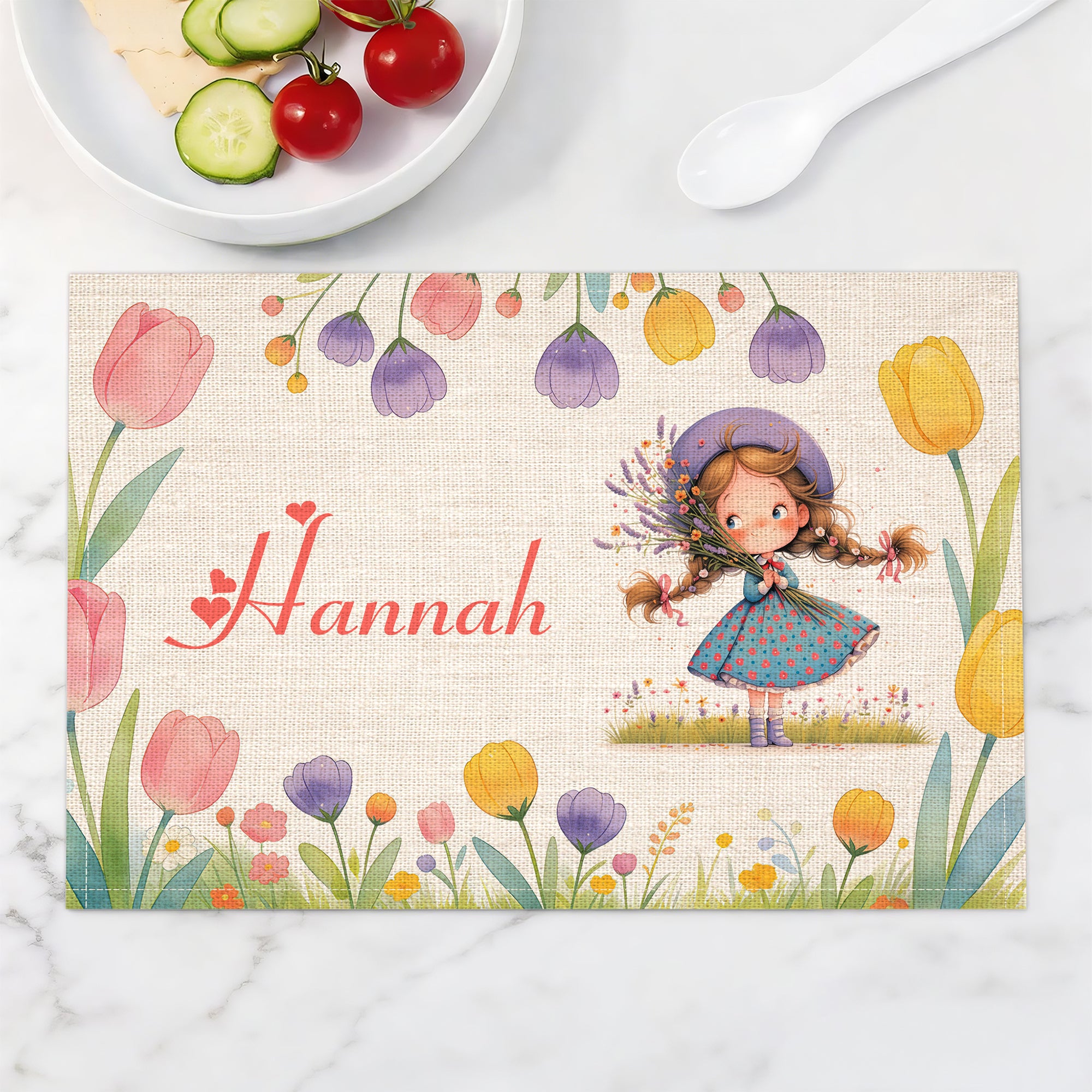 Mantel Individual de Lino Rectangular Personalizado con el Nombre de un Personaje de Dibujos Animados de Flores Decoración de Comedor Uso Diario Vuelta al Cole Regalo de Cumpleaños para Niños Familia
