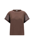 Brunello Cucinelli Cotton with Sheer Sleeves T-Shirt — Brown