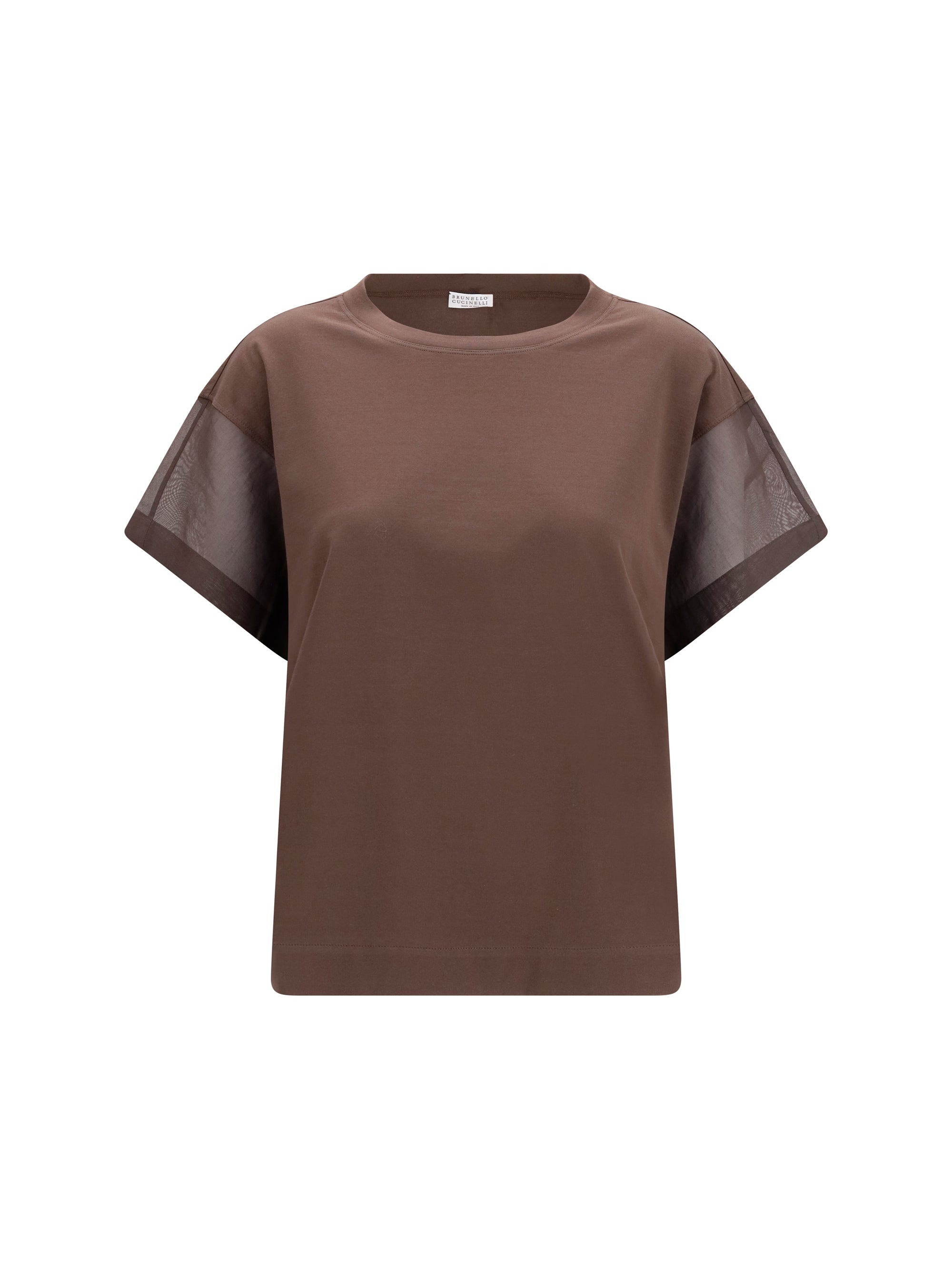 Brunello Cucinelli Cotton with Sheer Sleeves T-Shirt — Brown