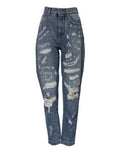 Women's Blue Cotton Tattered High Waist Denim Jeans Clothing