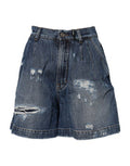 Women's Blue Cotton Tattered Denim Bermuda Shorts