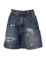 Women's Blue Cotton Tattered Denim Bermuda Shorts