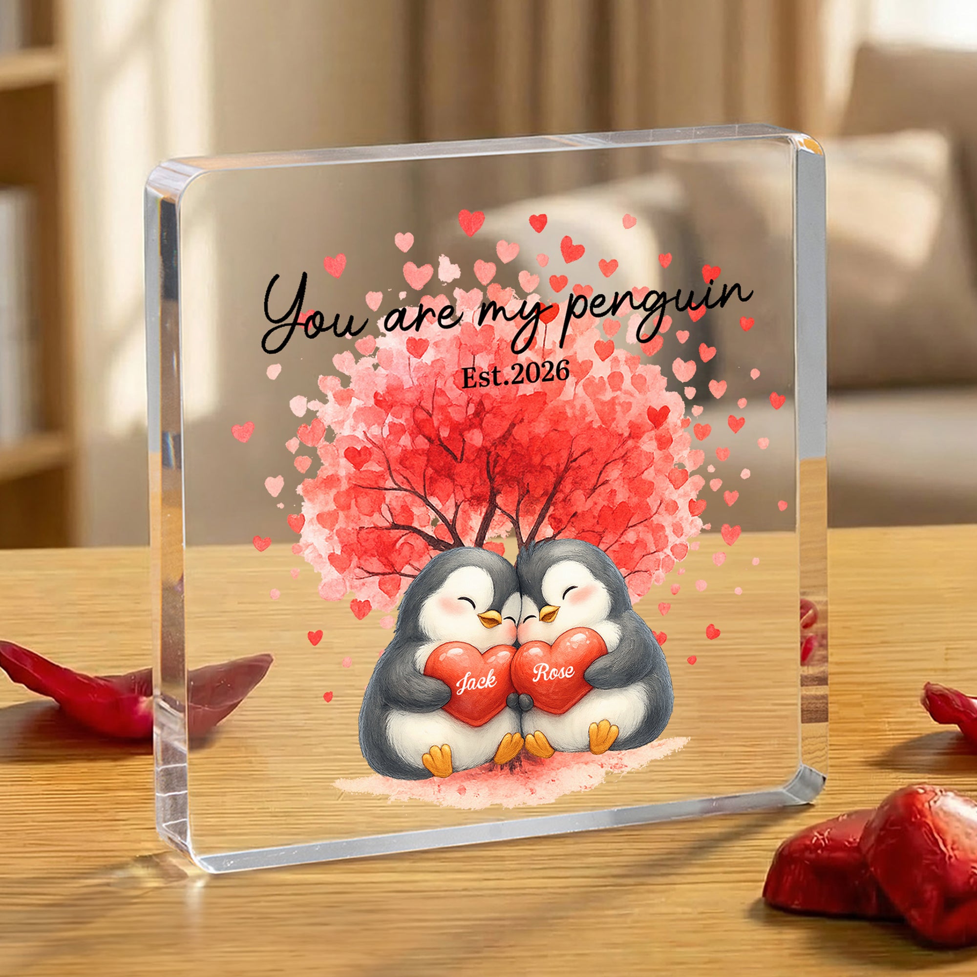Personalizado Amor Corazón Árbol Pingüinos Placa Acrílica Adorno con Nombre y Fecha Aniversario de Boda San Valentín Regalo para Pareja