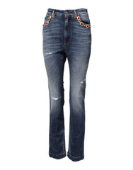 Women's Blue Rhinestone Embellished Denim Jeans Cotton Elastane Clothing