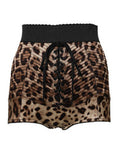 Women's Brown Leopard High Waist Hot Pants Shorts Polyurethane Nylon