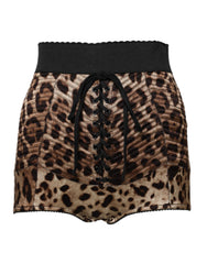 Women's Brown Leopard High Waist Hot Pants Shorts Polyurethane Nylon