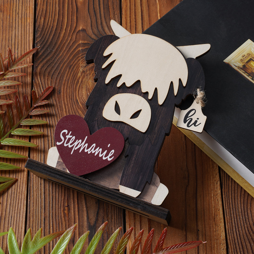Vaca Highland personalizada con nombre Decoración de escritorio Regalo de cumpleaños para los amantes de las vacas Highland