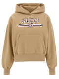 Gucci Logo-Embroidered Fleece Hoodie — Beige