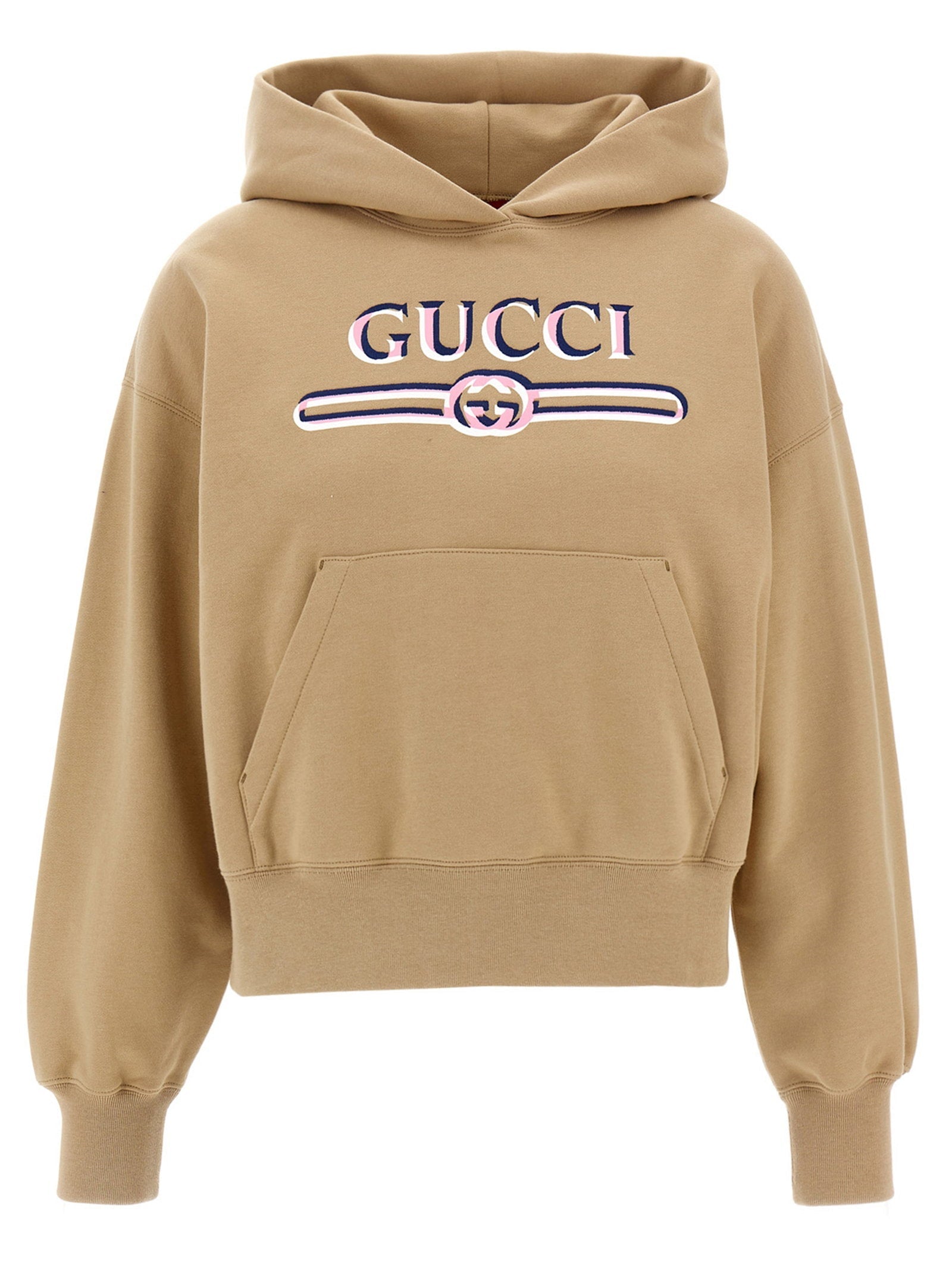 Gucci Logo-Embroidered Fleece Hoodie — Beige