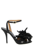 Ferragamo Satin with Maxi Flower Appliqué Heels — Black
