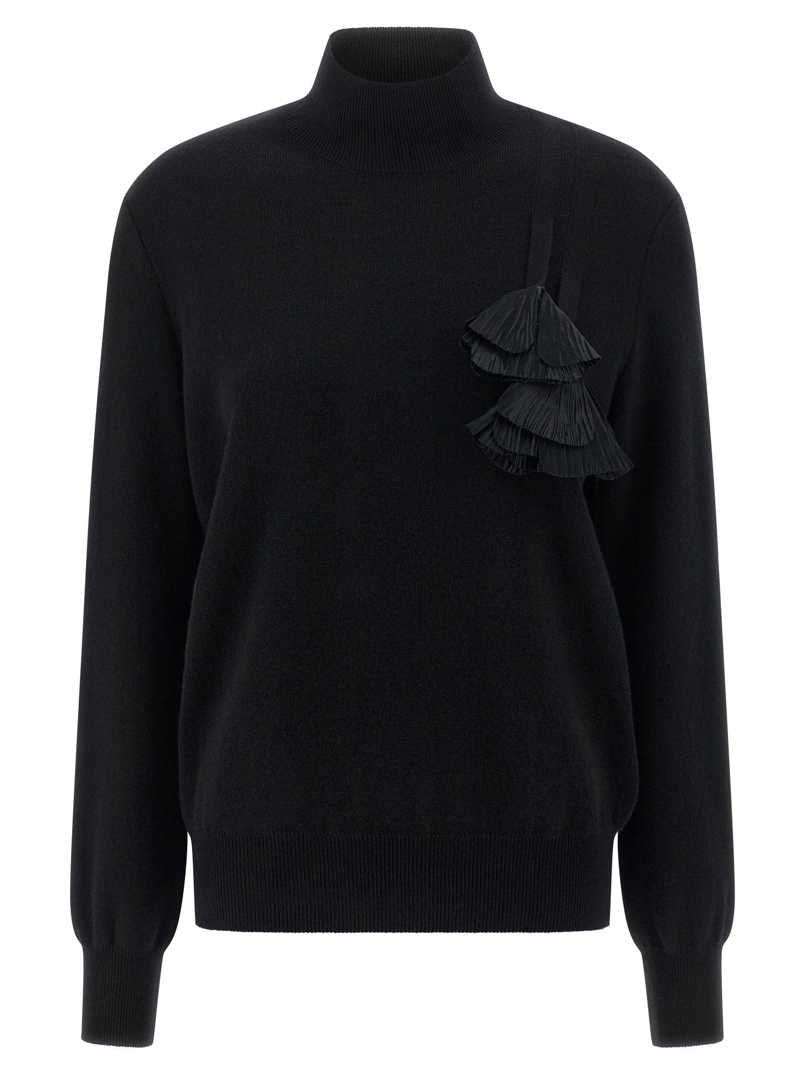 Ferragamo Ruffled Floral Insert Sweater — black