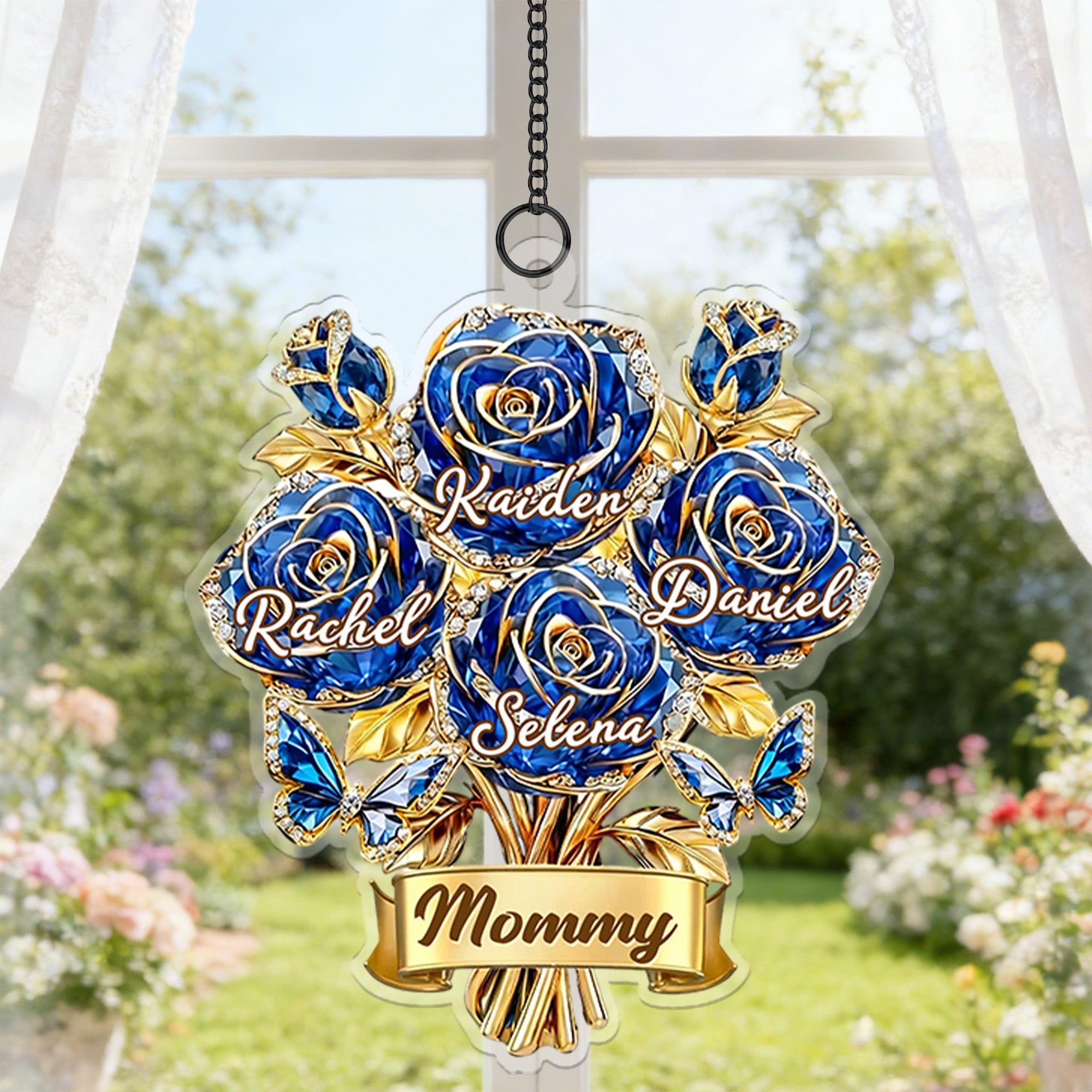 Ornamento acrílico personalizado del ramo de rosas de cristal del Suncatcher de la mariposa con 1-8 nombres y título Decoración casera Regalo del cumpleaños del día de madre para la mamá de la familia