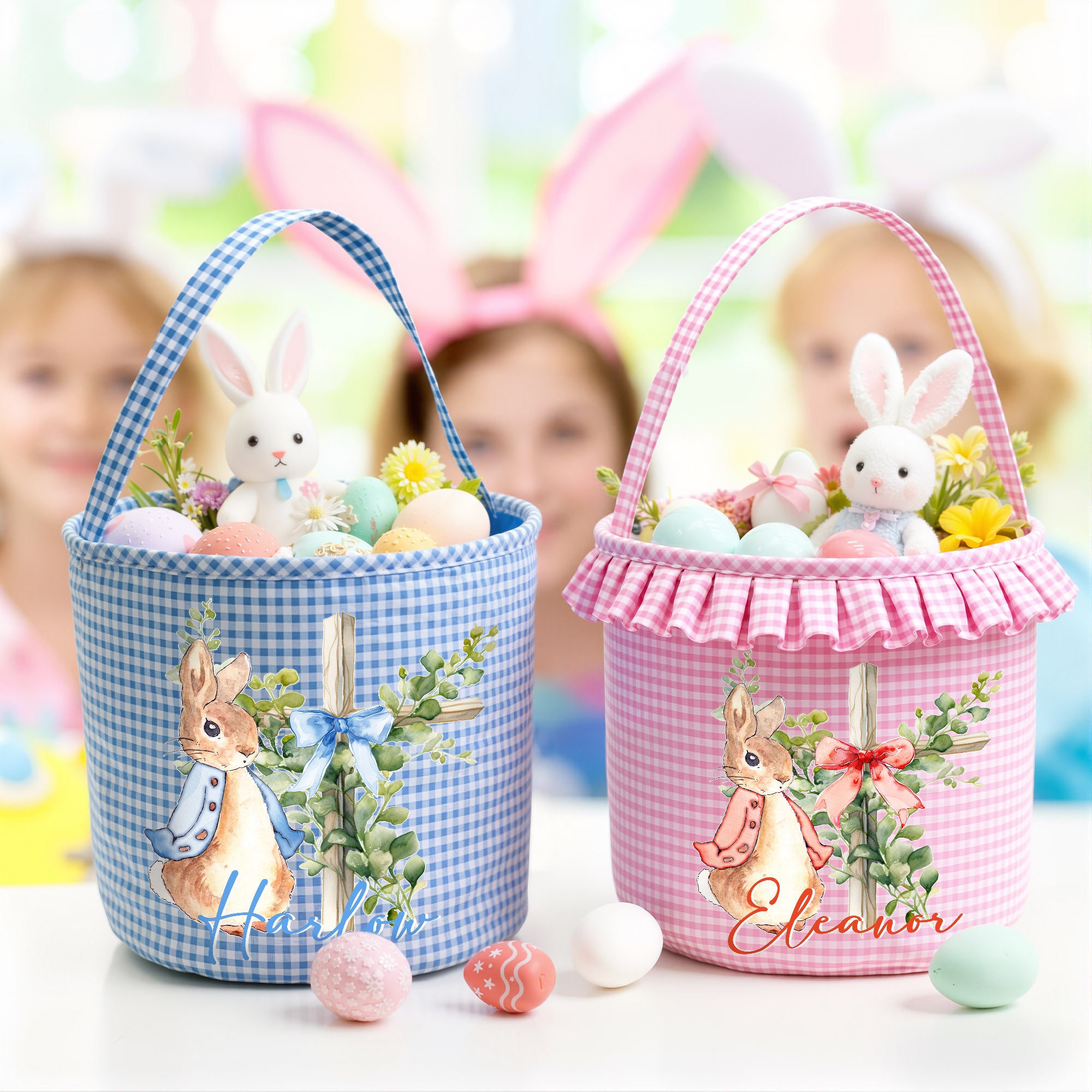 Personalizado lindo Peter Rabbit Cruz arco Plaid Cesta de Pascua con el nombre de Pascua Egg Hunt Pascua Regalo para Niños Niñas