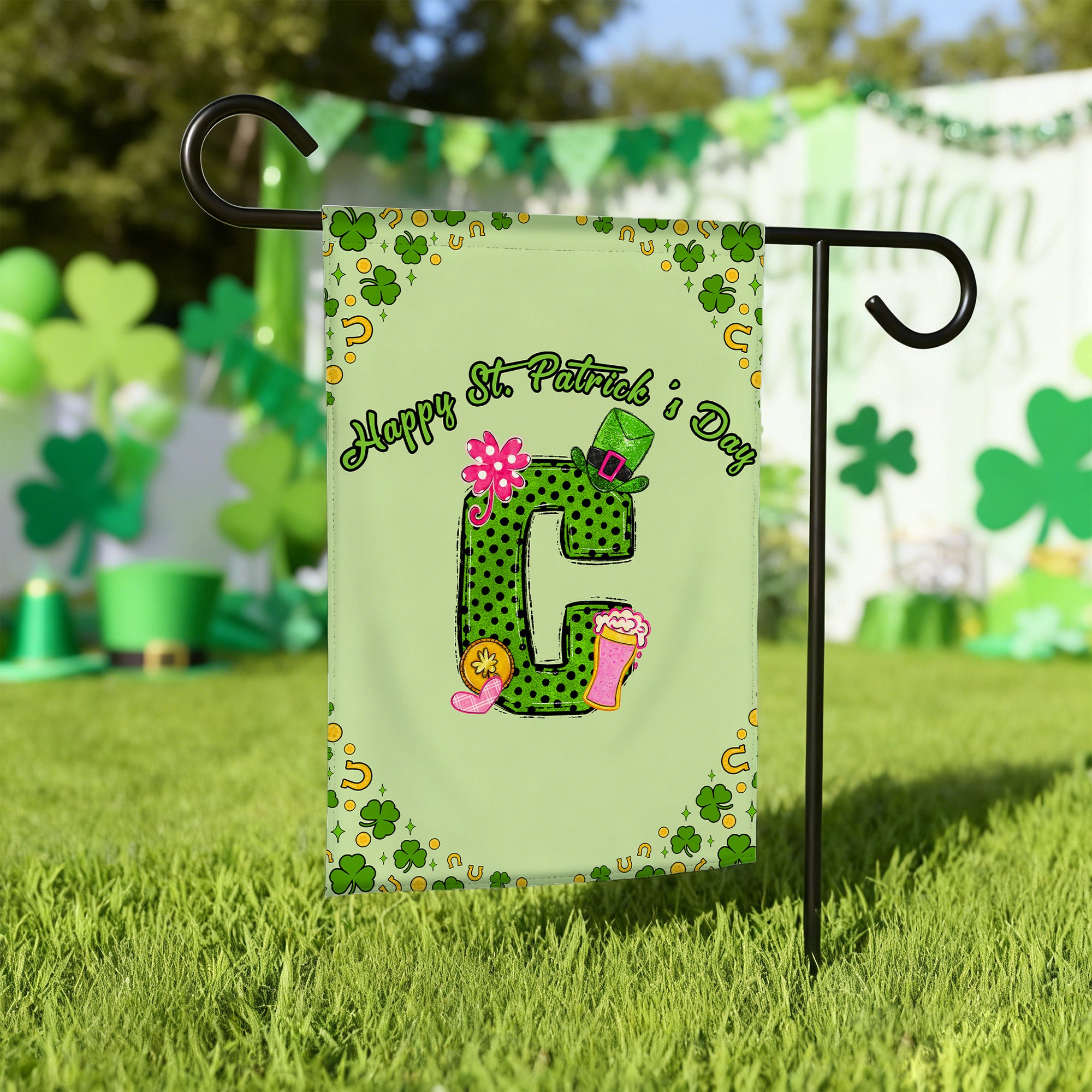 Taza de Cerveza Trébol de la Suerte Personalizada Bandera Inicial de Jardín Decoración de Exteriores Regalo del Día de San Patricio para Amigos de la Familia