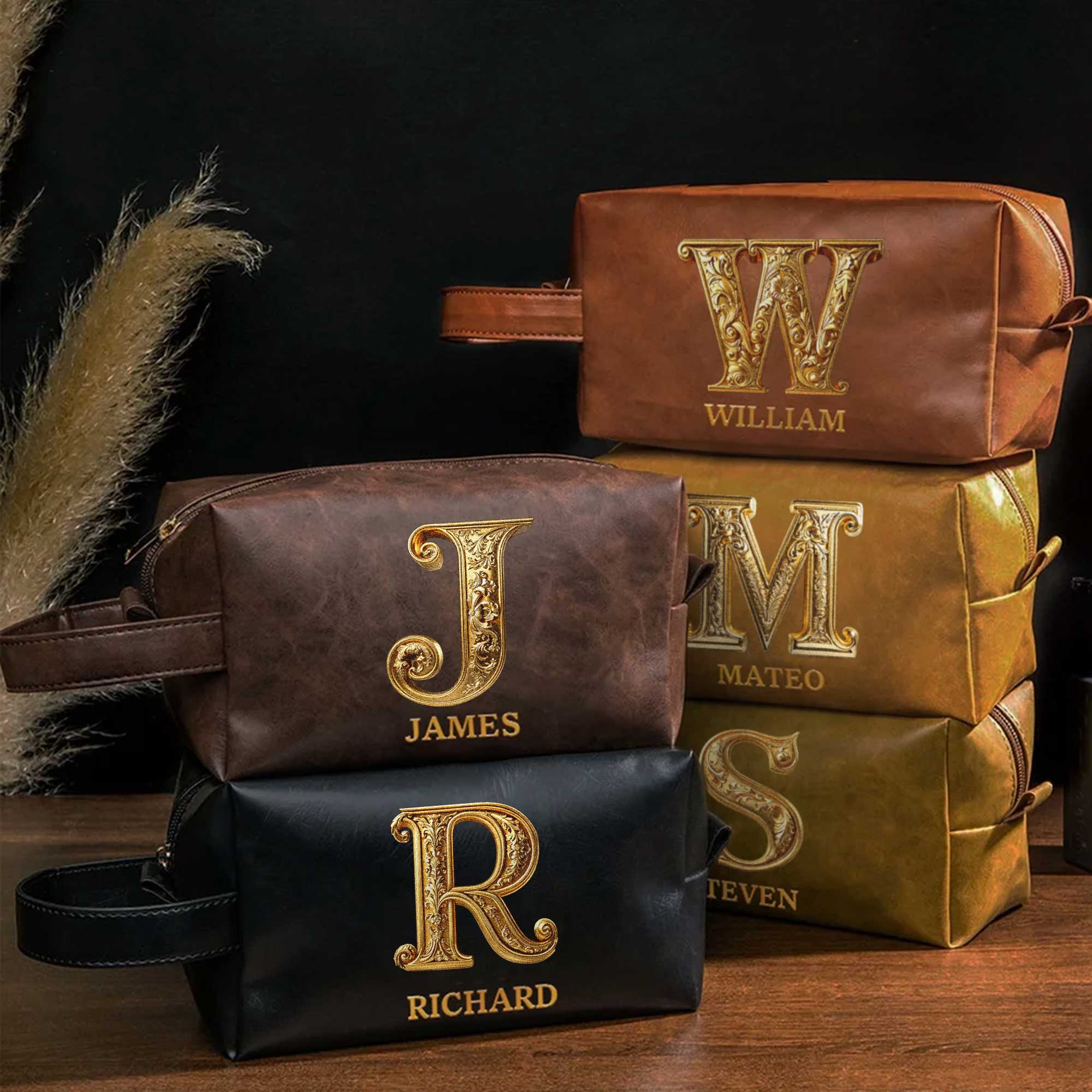 Neceser personalizado de cuero PU impermeable con inicial del nombre y asa Accesorios de viaje Cumpleaños Día del Padre Regalo para hombre Papá