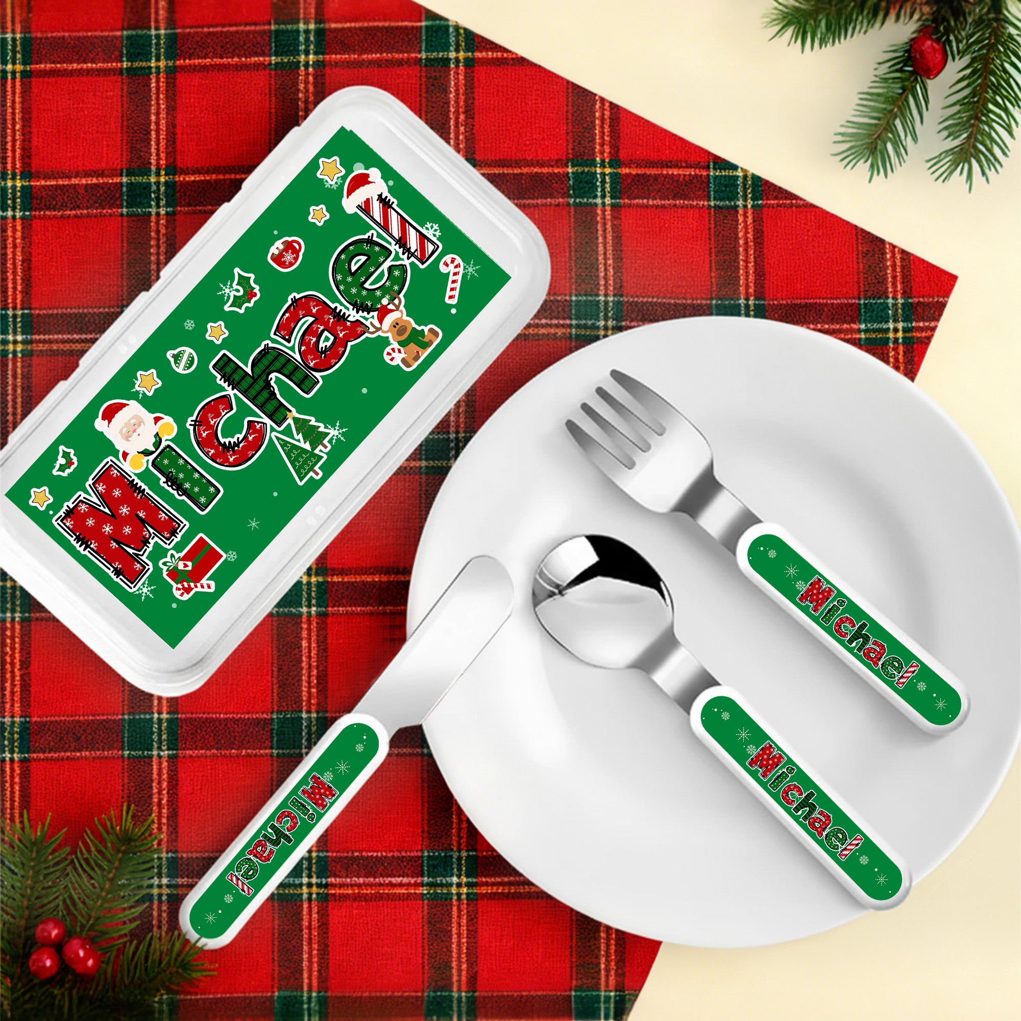 Árbol de Navidad personalizado Santa Claus Tenedor Cuchara Cuchillo 3 piezas Juego de cubiertos con funda y nombre Regalo de Navidad para niños