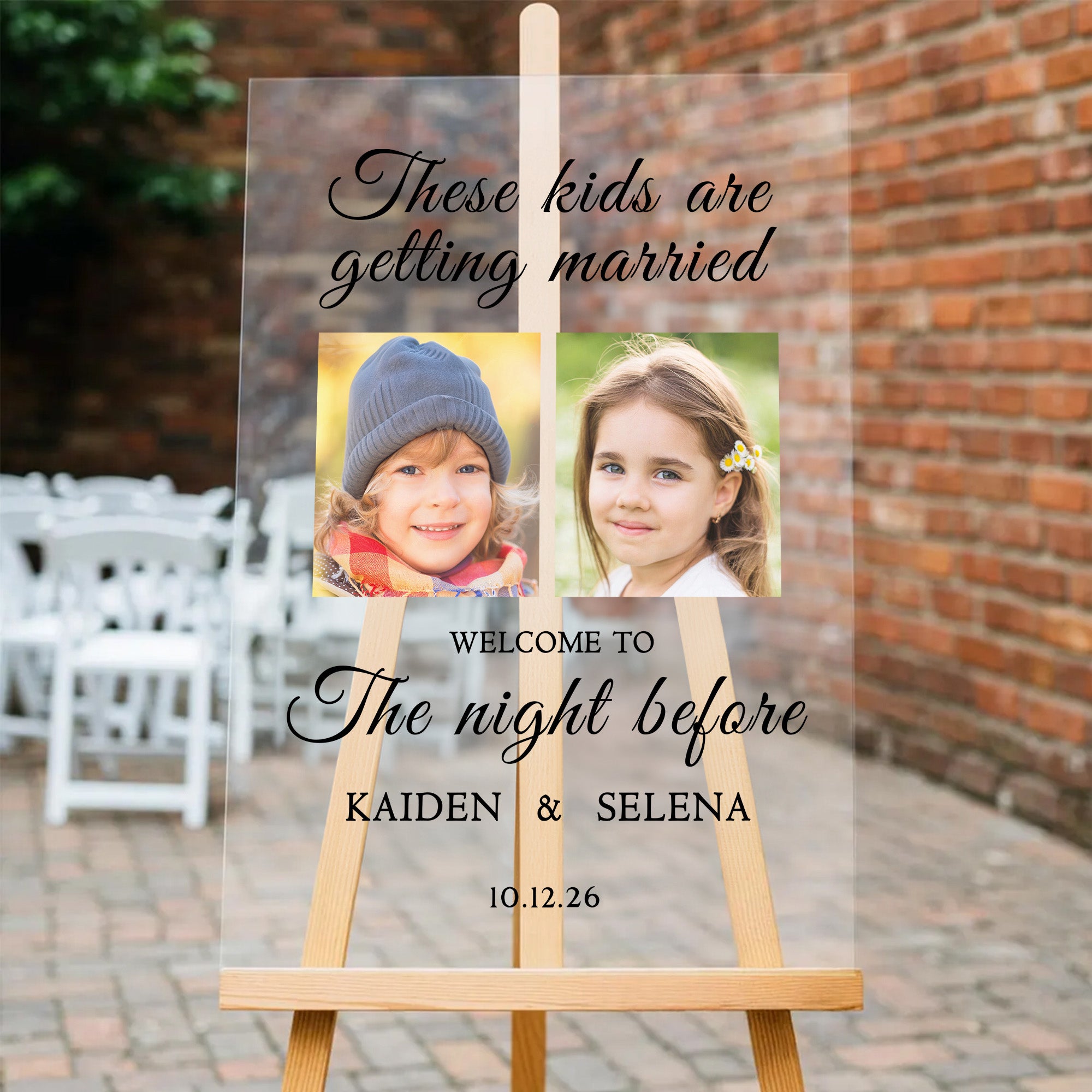 Cartel de Bienvenida de Novia y Novio Personalizado con Foto de la Infancia con Nombres y Fecha Cena de Ensayo Regalo de Boda para Parejas de Recién Casados