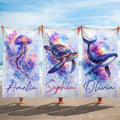 Toalla de playa personalizada con nombre, estilo acuarela, animal oceánico, de gran tamaño y secado rápido, esencial para viajes, regalo de cumpleaños para fiesta en la playa para mujeres y niñas
