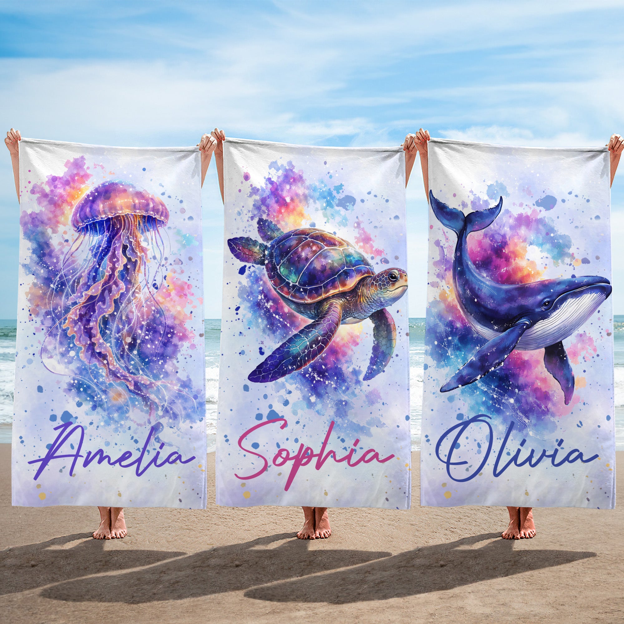 Toalla de playa personalizada con nombre, estilo acuarela, animal oceánico, de gran tamaño y secado rápido, esencial para viajes, regalo de cumpleaños para fiesta en la playa para mujeres y niñas