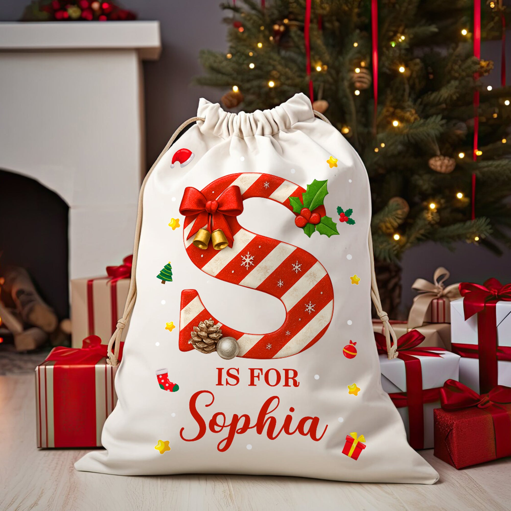 Personalizada de Navidad Candy Cane inicial de lona bolsa de regalo de cordón con el nombre de regalo de Navidad para la Familia Amigos