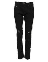 Men's Tattered White Side-Strip Jeans Black Cotton Elastane