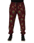 Men's Peacock Feather Print Joggers Burgundy Polyester Elastane