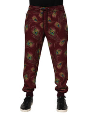 Men's Peacock Feather Print Joggers Burgundy Polyester Elastane