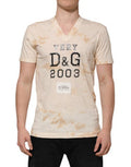 Men's Beige Logo Print Short Sleeve V-Neck T-Shirt Cotton