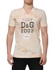 Men's Beige Logo Print Short Sleeve V-Neck T-Shirt Cotton
