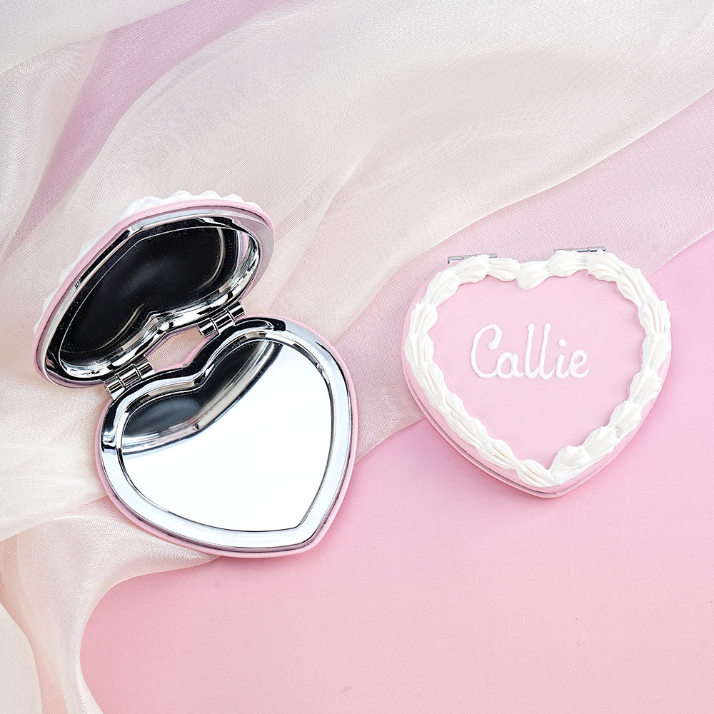Espejo personalizado hecho a mano en forma de corazón con nombre y caja Accesorios de viaje compactos Regalo de cumpleaños San Valentín para mujer