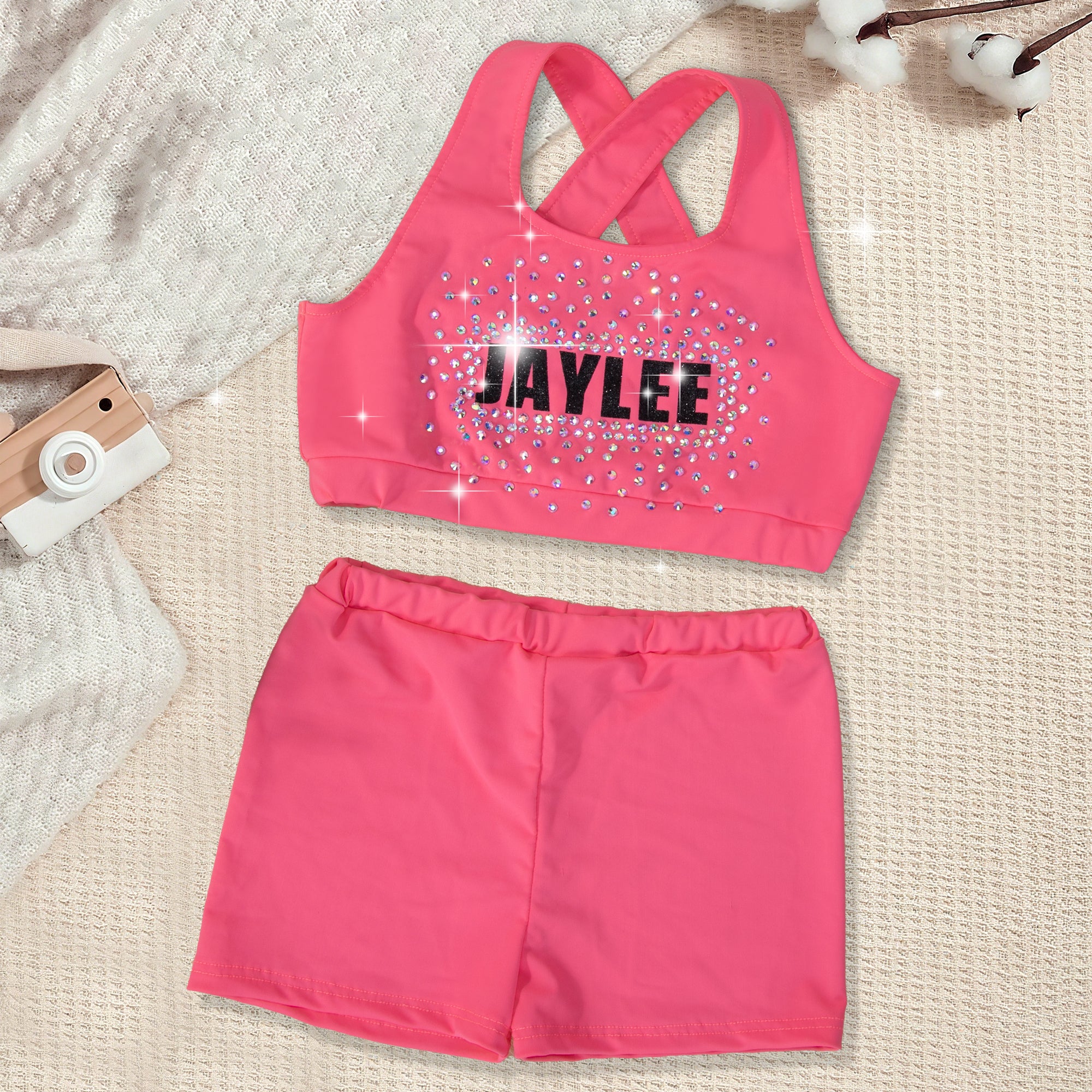 Personalizado Rhinestone Glitter Nombre Niños Deportes Chaleco Set Entrenamiento Diario Día de la Competencia Regalo para Cheerleaders Niñas