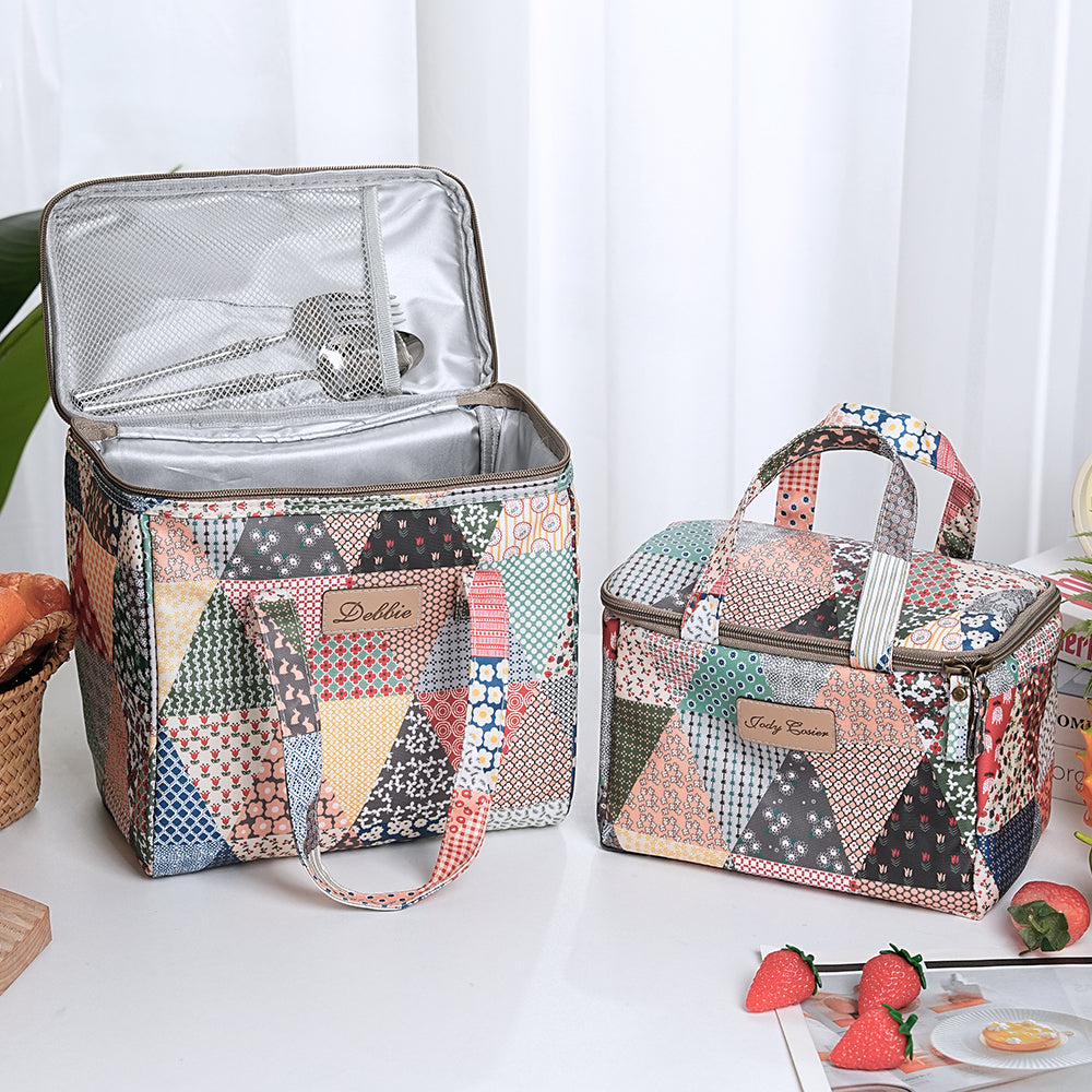Personalizada Old School Patchwork Bolsa isotérmica con nombre grabado Portátil Vuelta al cole Trabajo Picnic Accesorios Regalo para profesores Estudiantes