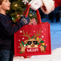 Reno de dibujos animados personalizado Bolsa de yute roja reutilizable con nombre Fiesta de Navidad Regalo para la familia Niños