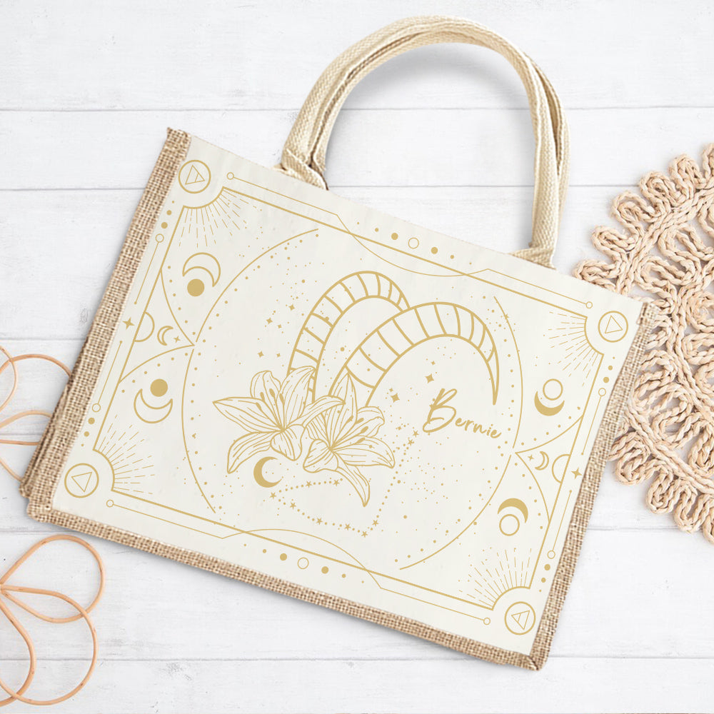 Personalizada Signo del Zodiaco Flor Duradera Bolsa de Yute con Nombre Viaje Regalo de Cumpleaños Esencial para Mujer
