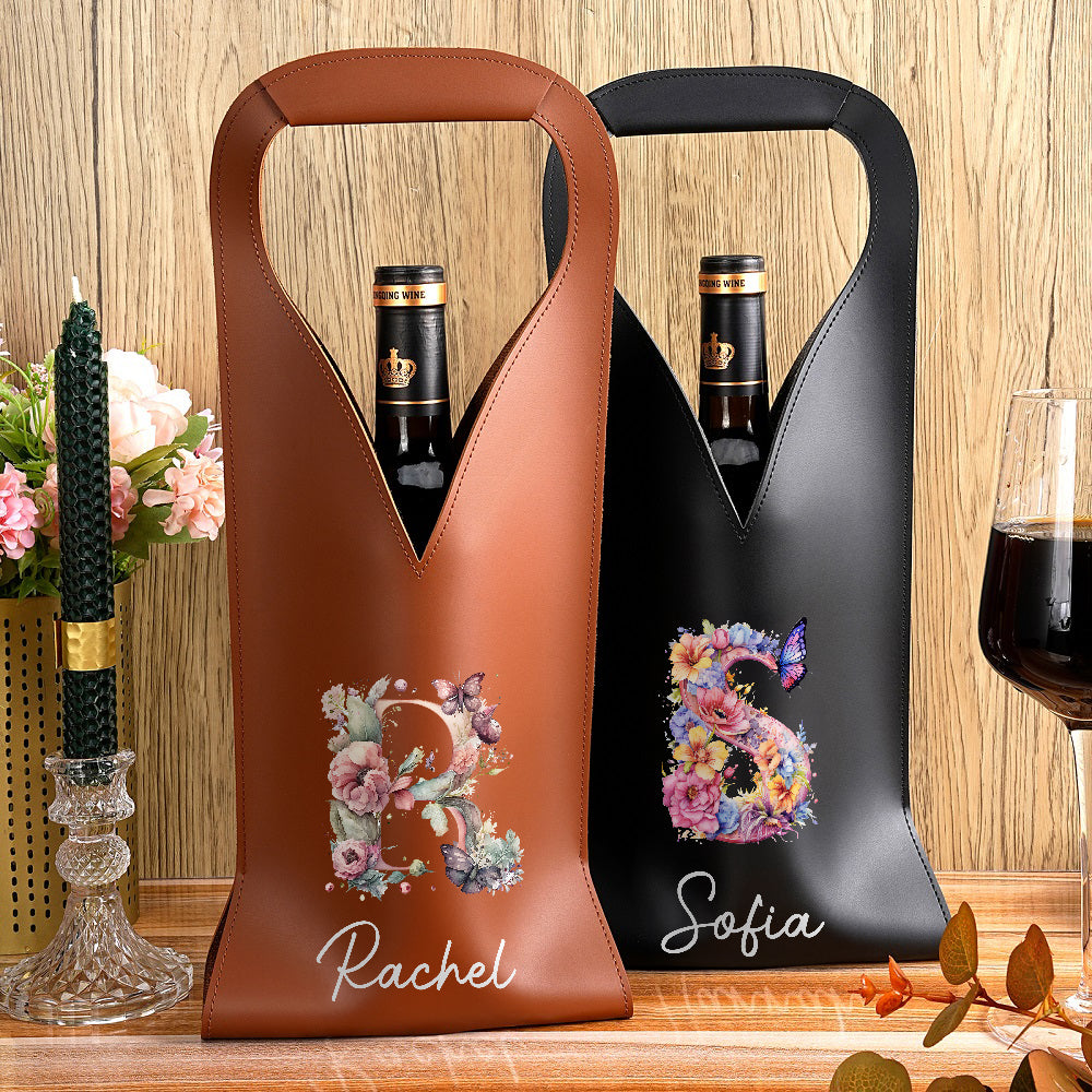 Bolsa de vino de cuero de PU con iniciales florales personalizada con nombre y asa protectora Accesorios de vino Regalo de cumpleaños Cena de fiesta para el amante del vino