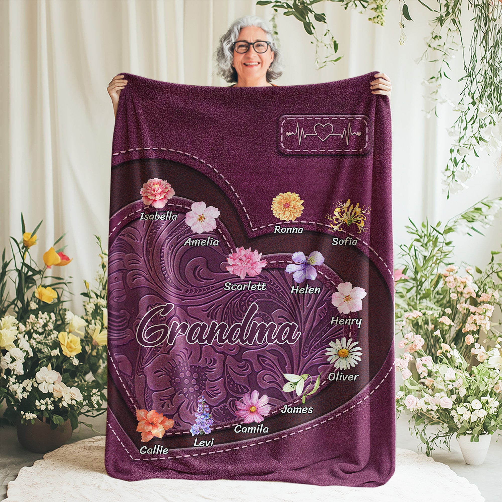 Personalizada Vintage Nacimiento Flor Suave manta con 1-12 nombres Decoración del hogar Cumpleaños Día de la Madre Regalo para mamá Abuela