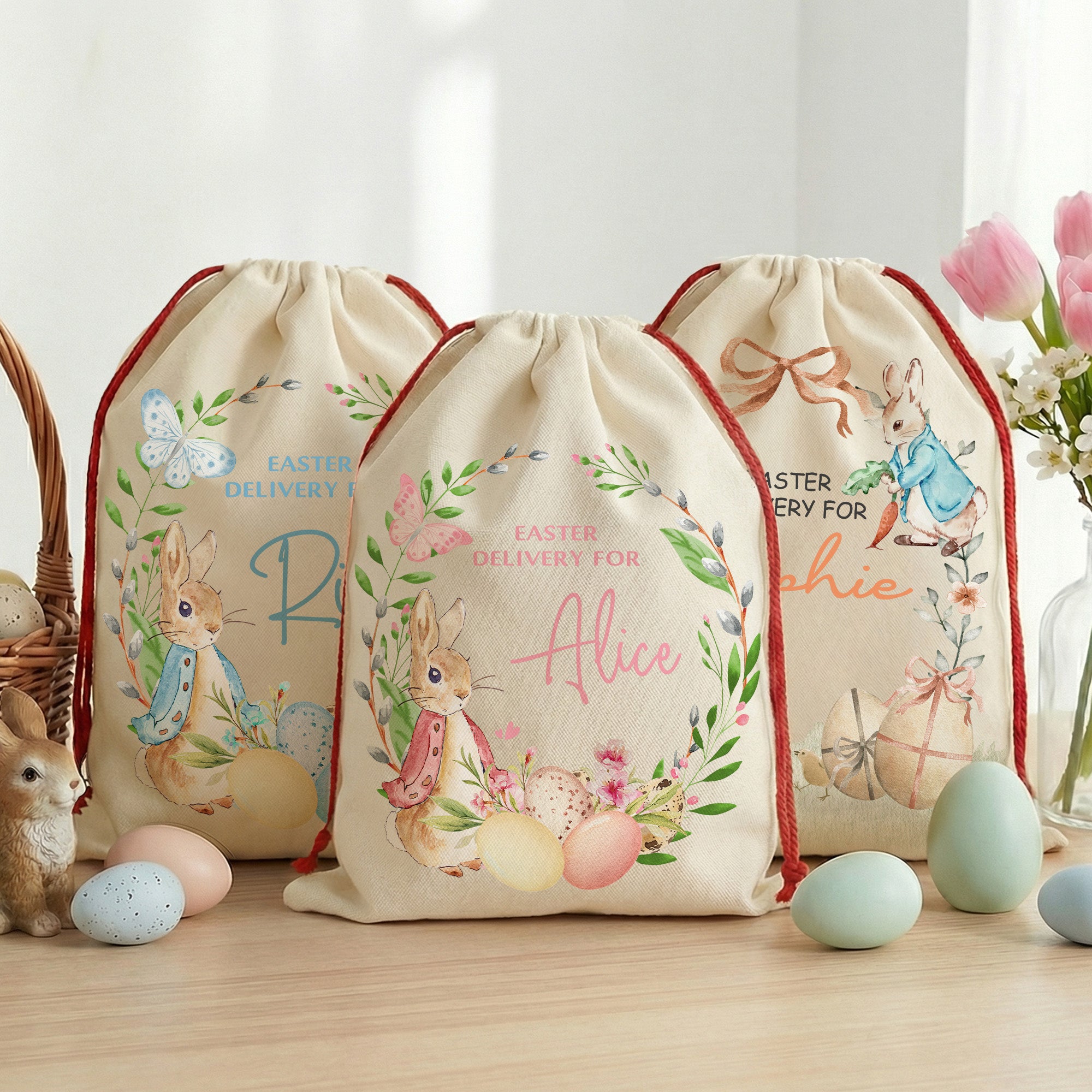 Bolsa de Pascua personalizada con el nombre del conejo Peter Decoración de Pascua Regalo de Pascua para niños