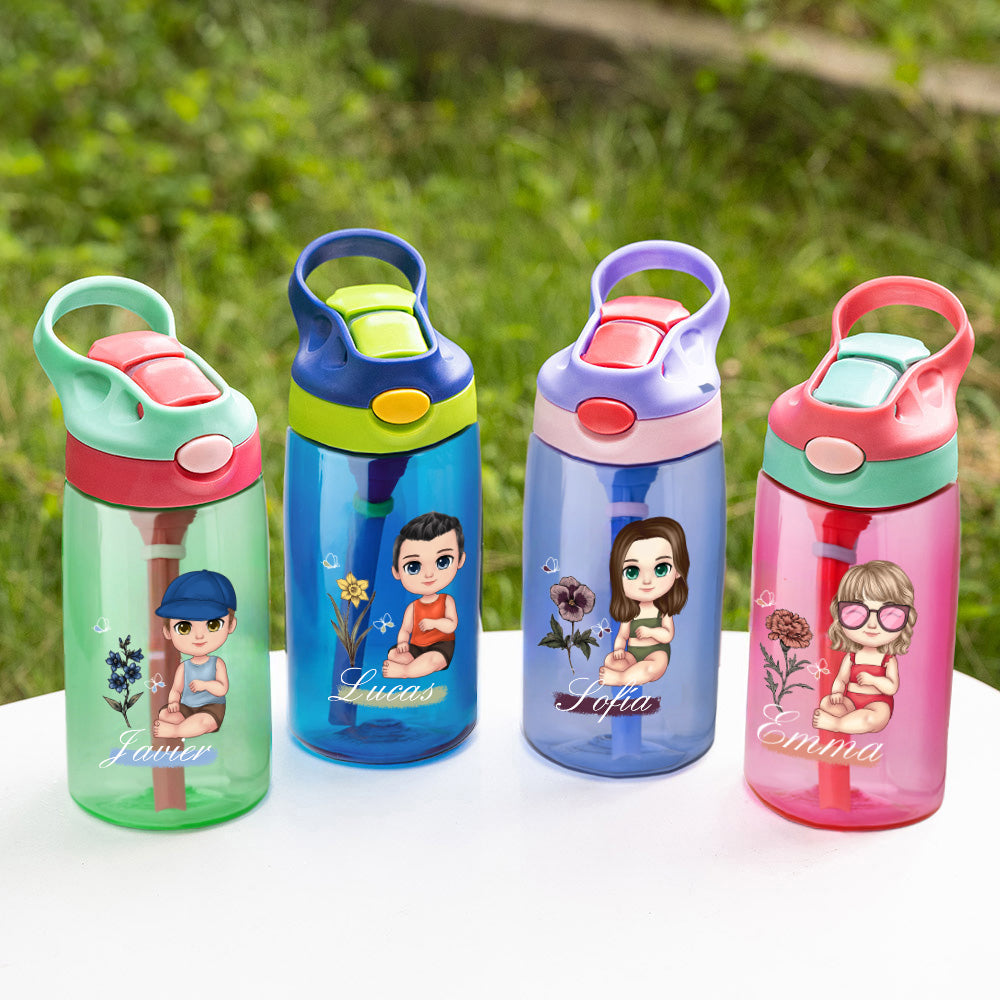 Botella personalizada 475 ml con flor de nacimiento personaje de dibujo animado y nombre regalo de cumpleaños o de vuelta al cole para niños