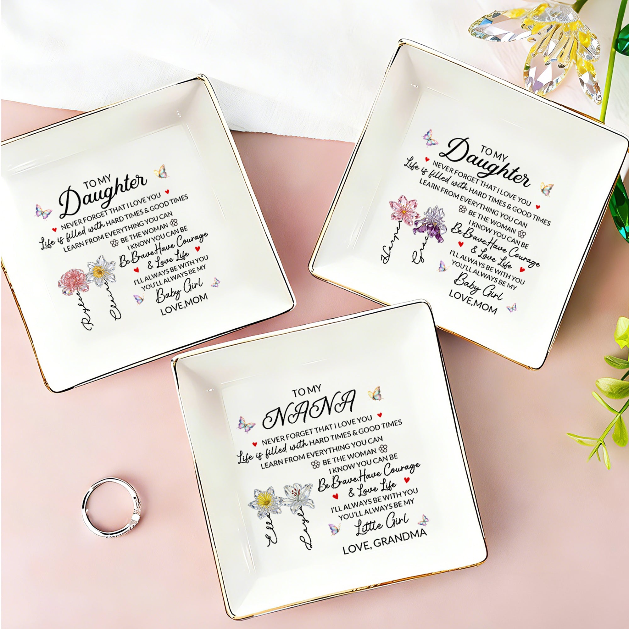 Personalizado Cristal Nacimiento Flor Heartfelt Mensaje Baratija de cerámica Joyería Plato con Nombre y Texto Uso Diario Cumpleaños Regalo para Niñas Mujeres