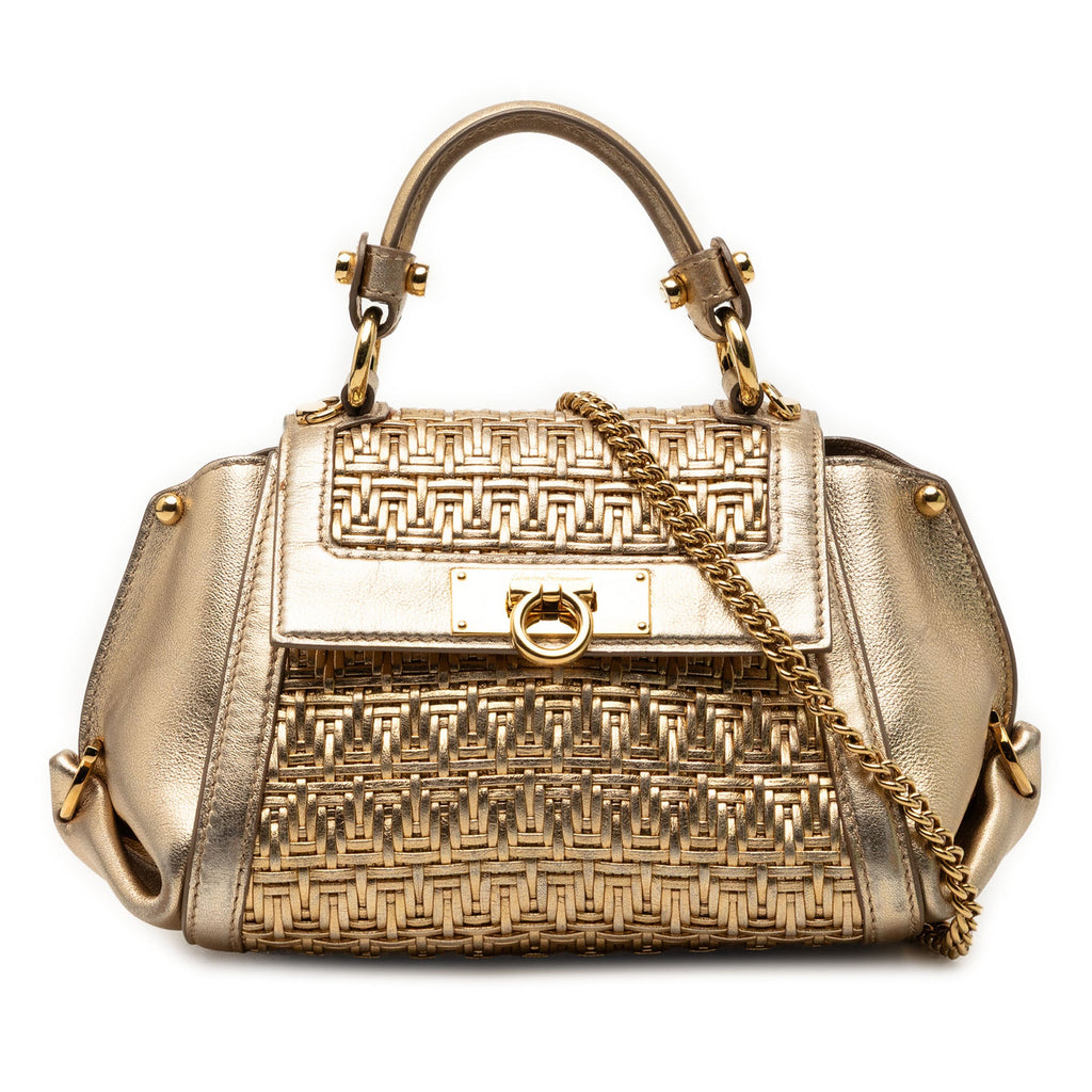Mini Metallic Woven Leather Gancini Sofia Satchel
