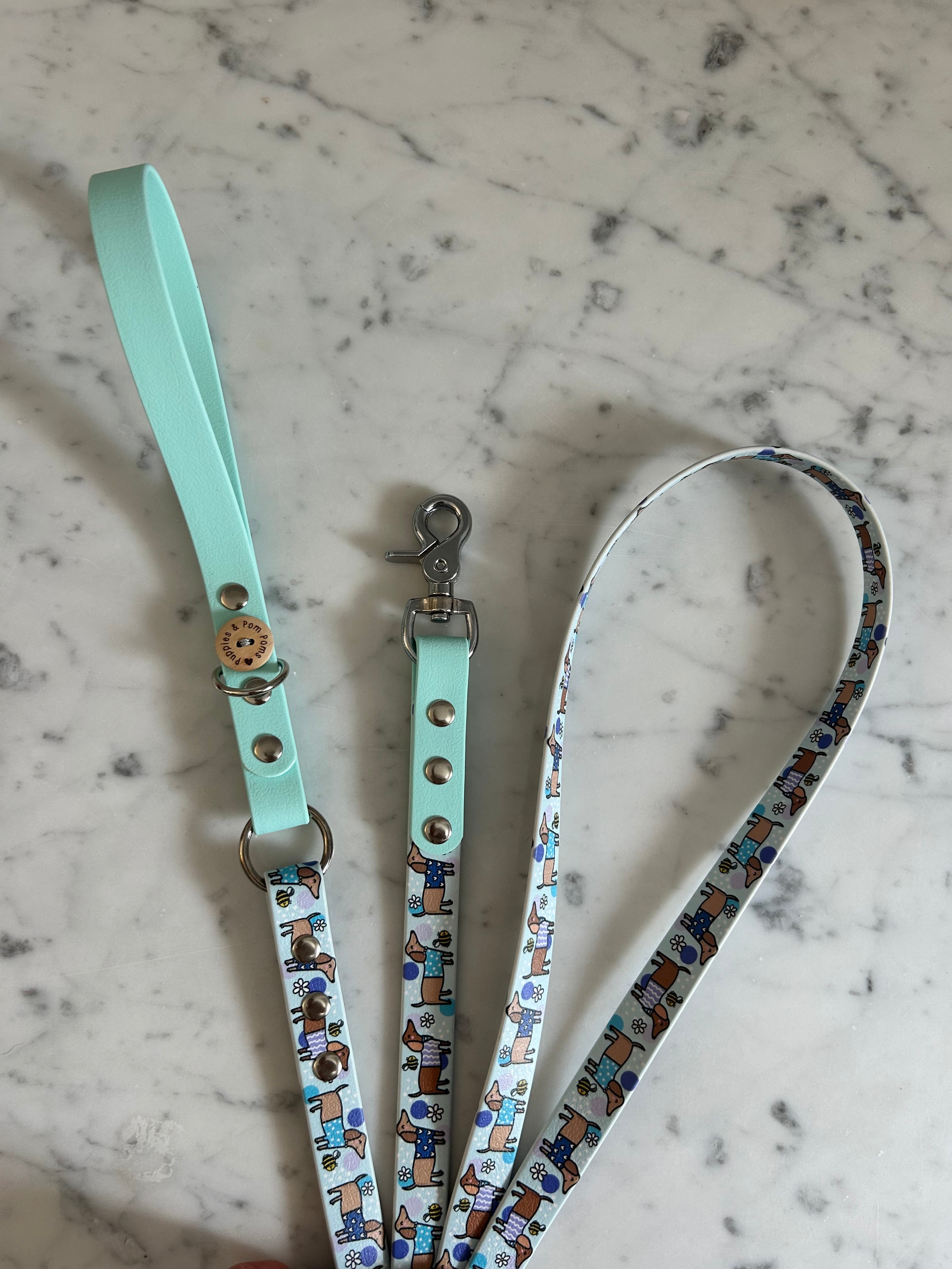 Handmade Vegan Leather Dog Leash - Bee Happy Dachshunds - Blue